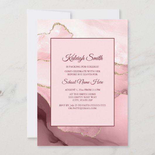 Roze Burgundy Red Marble Trunk Party Invite Kaart (Voorkant)