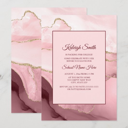 Roze Burgundy Red Marble Trunk Party Invite Kaart (Voorkant / Achterkant)