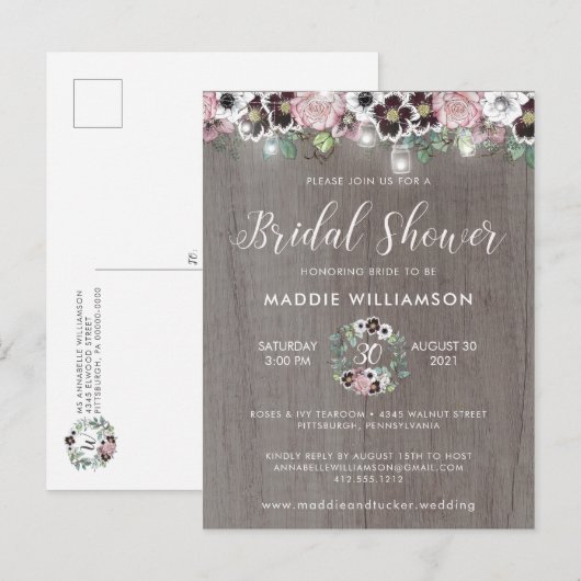 Roze Burgundy Rustieke Boho Bruidsfeest Uitnodigin Briefkaart (Voorkant / Achterkant)