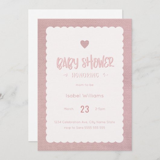 Roze Burlap Baby shower Uitnodiging - Blank Revers (Voorkant / Achterkant)