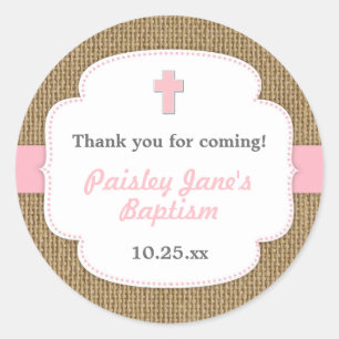 Roze Burlap cross meisje doop doop gunst Ronde Sticker