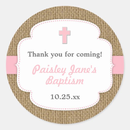 Roze Burlap cross meisje doop doop gunst Ronde Sticker (Voorkant)