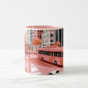 Roze bus in vintage-stijl in een stadslandschap, d tweekleurige koffiemok