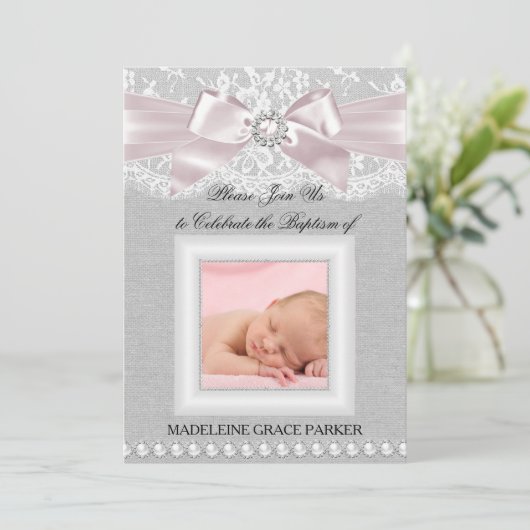 Roze bus & kant foto Baptism/Christening Invite Kaart (Staand voorkant)
