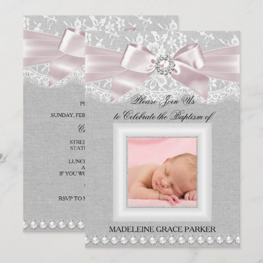 Roze bus & kant foto Baptism/Christening Invite Kaart (Voorkant / Achterkant)