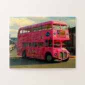 Roze bus met dubbele decker legpuzzel (Horizontaal)