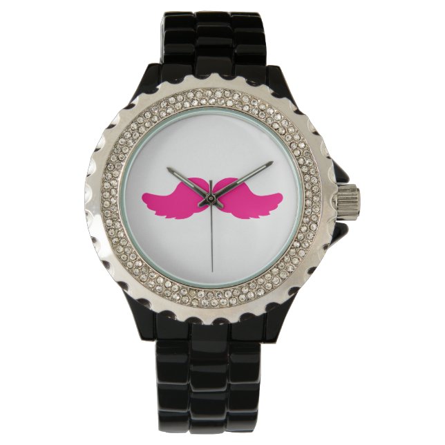 Roze Bushy Mustache Grappige Engel Vleugels Horloge (Voorkant)