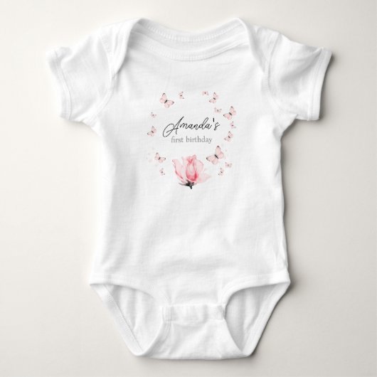 Roze Butterflies 1e verjaardag baby-pak Romper (Voorkant)