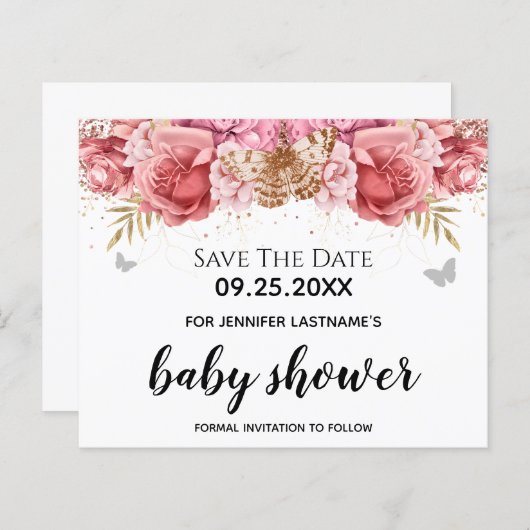 Roze Butterflies Floral Baby shower Sparen de Datu (Voorkant / Achterkant)