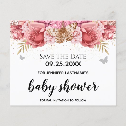 Roze Butterflies Floral Baby shower Sparen de Datu (Voorkant)