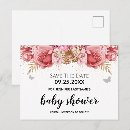 Roze Butterflies Floral Baby shower Sparen de Datu Briefkaart (Voorkant / Achterkant)