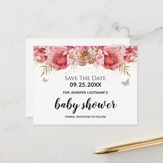 Roze Butterflies Floral Baby shower Sparen de Datu Briefkaart (Voorkant / Achterkant in situ)
