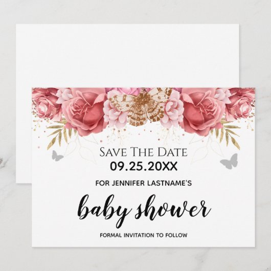Roze Butterflies Floral Baby shower Sparen de Datu Kaart (Voorkant / Achterkant)