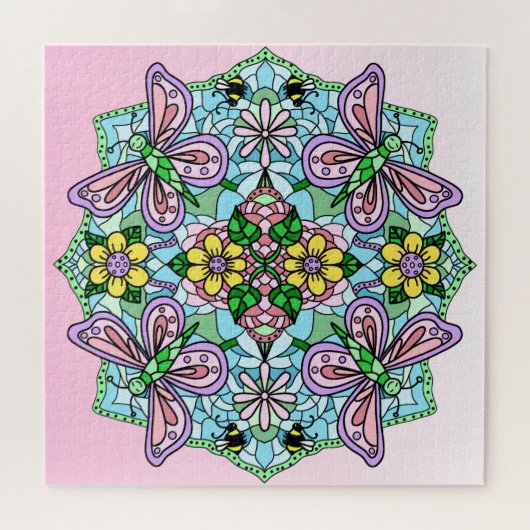 Roze Butterflies Flowers and Bees Mandala Legpuzzel (Horizontaal)