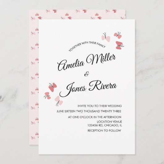 Roze Butterflies Garden Romantic Simple Wedding Kaart (Voorkant / Achterkant)