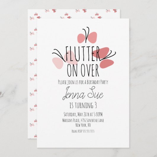 Roze Butterflies Hand Drawn Birthday Invitation Kaart (Voorkant / Achterkant)