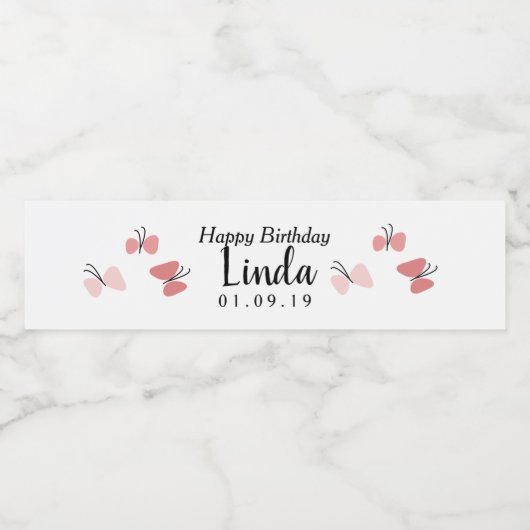 Roze Butterflies Happy Birthday Water Flacon Etike Waterfles Etiket (Enkel label)