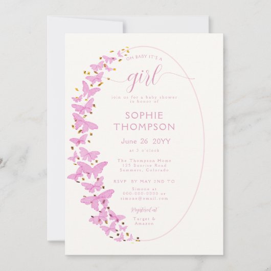 Roze Butterflies Lijst Gold Chic Girl Baby shower Kaart (Voorkant)
