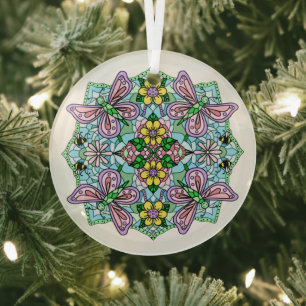 Roze Butterflies Mandala Kerstmis Glas Ornament