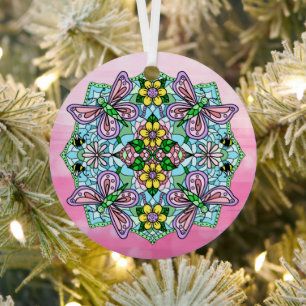Roze Butterflies Mandala Kerstmis Metalen Ornament