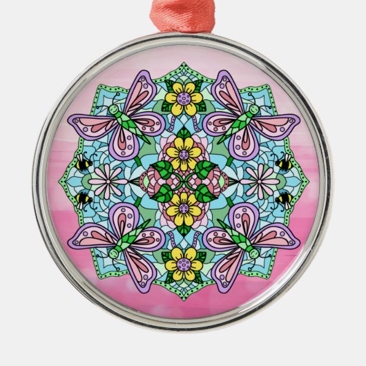Roze Butterflies Mandala Kerstmis Metalen Ornament (Voorkant)