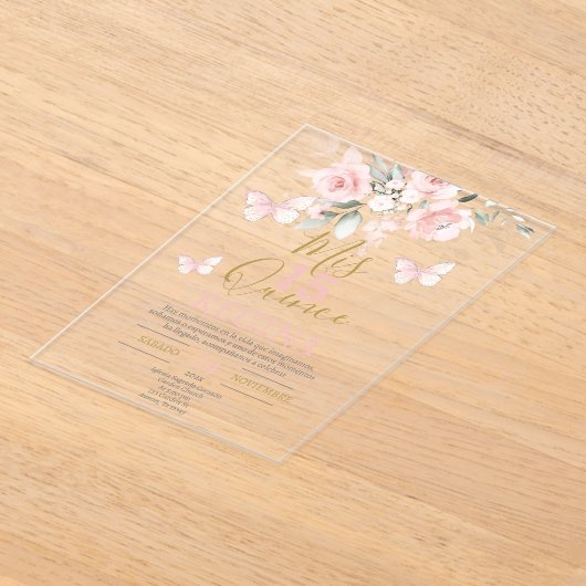 Roze Butterflies Quinceañera Acryl Uitnodigingen (Laagn)