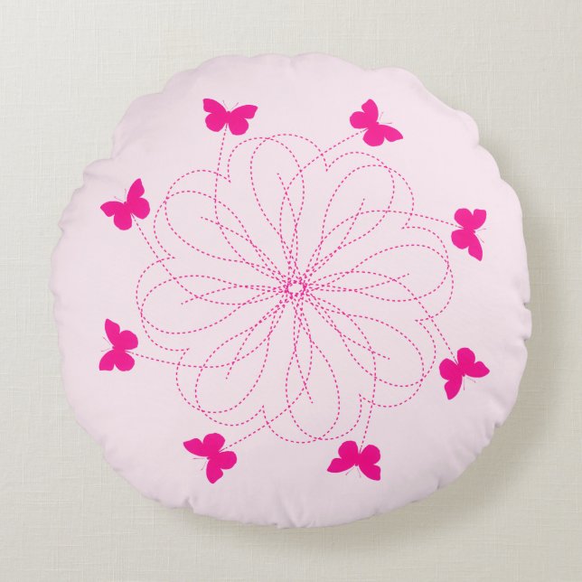 Roze Butterflies Round Pillow Heart Flowers Rond Kussen (Voorkant)