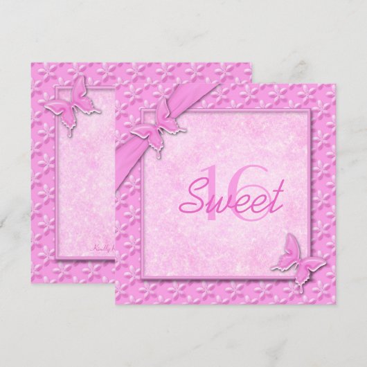 Roze Butterflies Sweet Sixteen Uitnodiging (Voorkant / Achterkant)