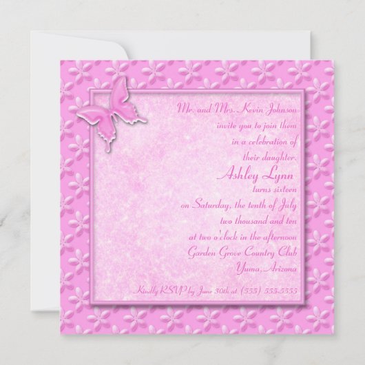 Roze Butterflies Sweet Sixteen Uitnodiging (Achterkant)