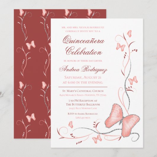 Roze Butterflies & Swirls Quinceanera Kaart (Voorkant / Achterkant)