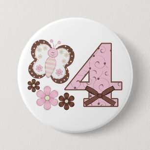 Roze Butterfly 4th Birthday Button