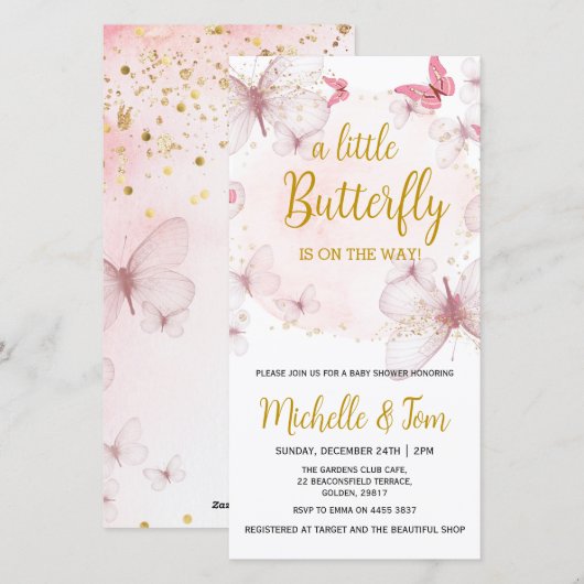 Roze Butterfly Baby shower Invitation Feestdagenkaart (Voorkant / Achterkant)