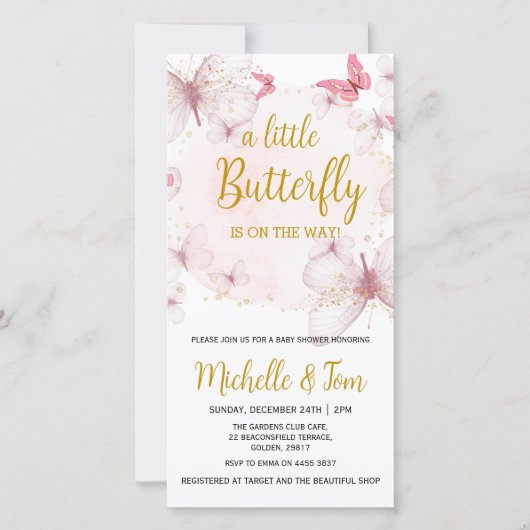 Roze Butterfly Baby shower Invitation Feestdagenkaart (Voorkant)