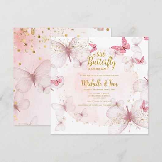 Roze Butterfly Baby shower Invitation Kaart (Voorkant / Achterkant)