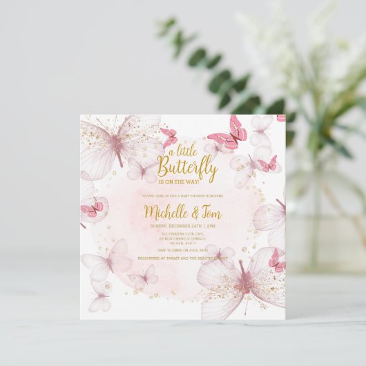 Roze Butterfly Baby shower Invitation Kaart (Staand voorkant)