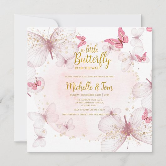 Roze Butterfly Baby shower Invitation Kaart (Voorkant)