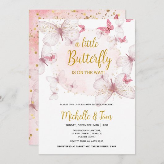 Roze Butterfly Baby shower Invitation Kaart (Voorkant / Achterkant)