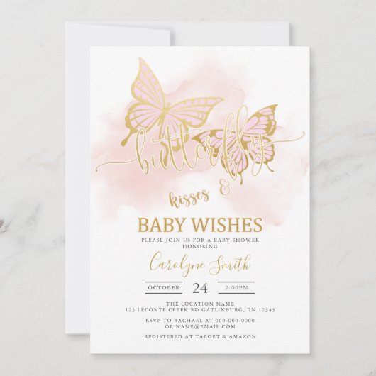 Roze Butterfly Baby shower Invitation Sjabloon Kaart (Voorkant)