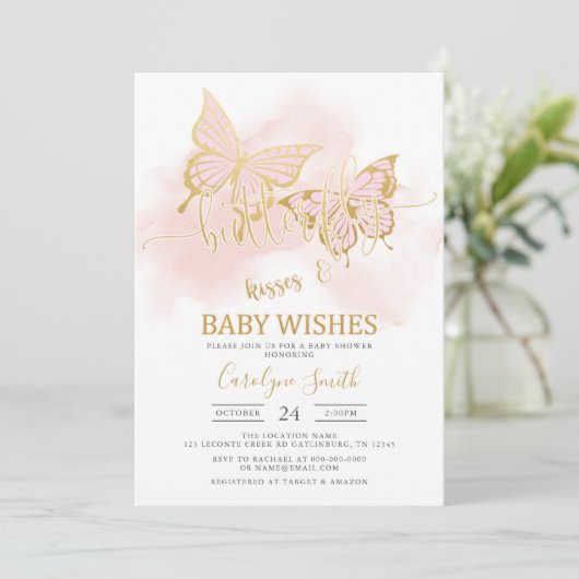 Roze Butterfly Baby shower Invitation Sjabloon Kaart (Staand voorkant)