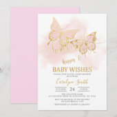 Roze Butterfly Baby shower Invitation Sjabloon Kaart (Voorkant / Achterkant)
