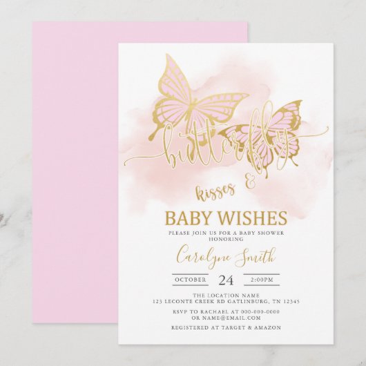 Roze Butterfly Baby shower Invitation Sjabloon Kaart (Voorkant / Achterkant)