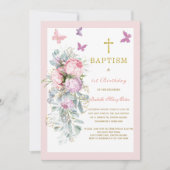 Roze Butterfly Baptism First Birthday Invitation Kaart (Voorkant)
