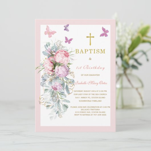 Roze Butterfly Baptism First Birthday Invitation Kaart (Staand voorkant)