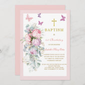 Roze Butterfly Baptism First Birthday Invitation Kaart (Voorkant / Achterkant)