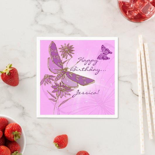 Roze Butterfly Birthday Napkins Servet (Insitu)