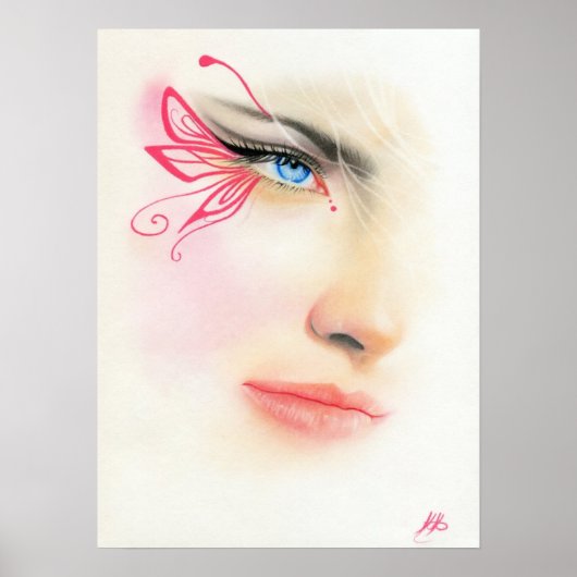 Roze Butterfly Blue Eye Fantasy Art POSTER (Voorkant)