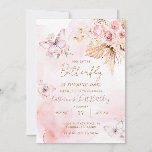 Roze Butterfly Boho Flowers 1st Birthday Floral Kaart (Voorkant)