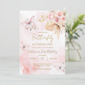 Roze Butterfly Boho Flowers 1st Birthday Floral Kaart (Staand voorkant)