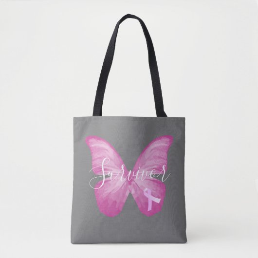 Roze Butterfly Breast Cancer Survivor Tote Bag (Voorkant)