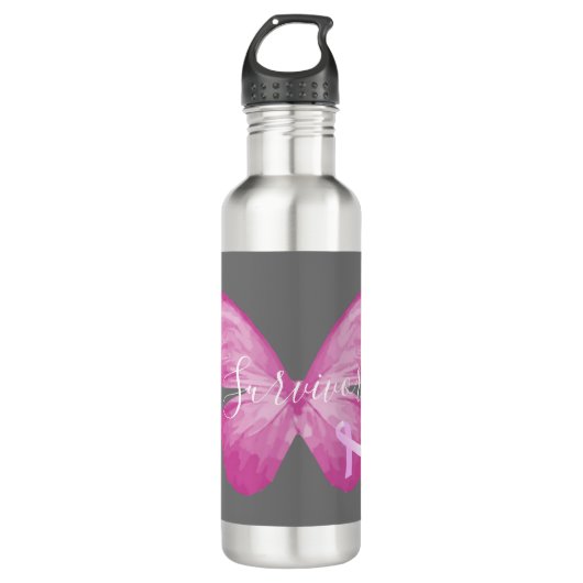 Roze Butterfly Breast Cancer Survivor Waterfles (Voorkant)